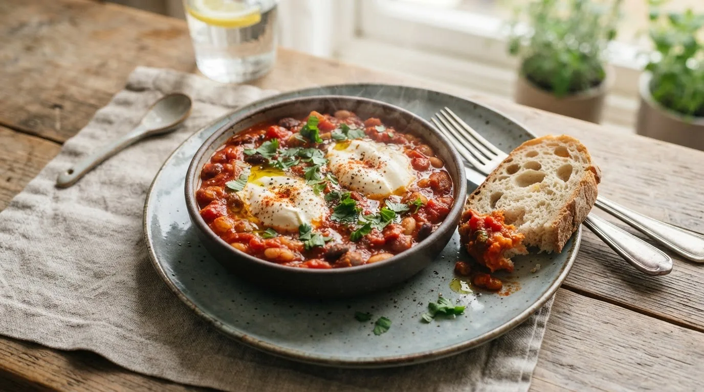 Een portie vegan shakshuka op een bord met twee lepels zijden tofu op dikke tomaten-bonensaus, verse koriander, olijfolie en een stuk krokant brood dat in de saus wordt gedipt