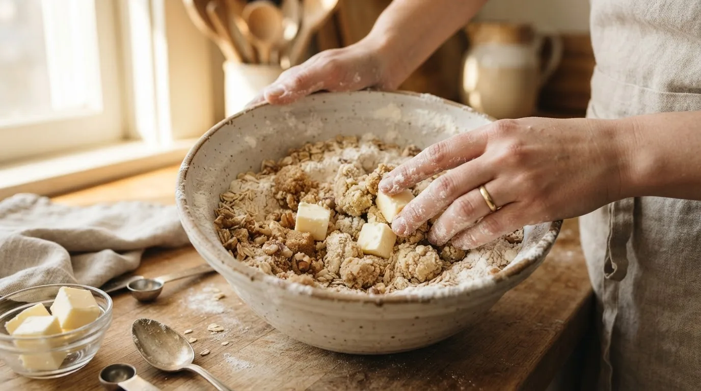 Vingertoppen wrijven koude blokjes plantaardige boter door bloem, havermout, bruine suiker en gehakte walnoten in een grote keramische kom, het mengsel vormt kleine klontjes
