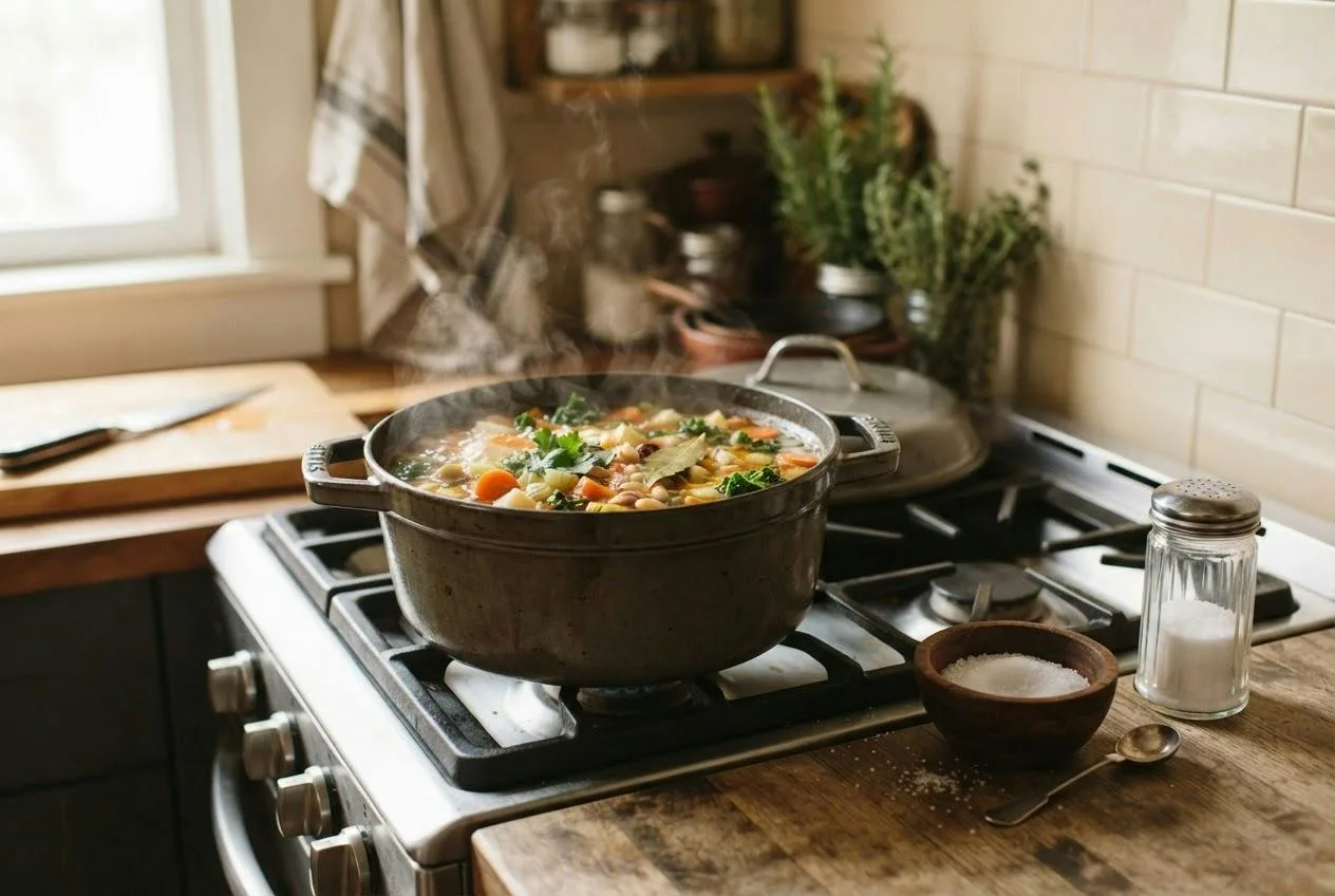 Zoutvaatje en een schaaltje zout naast een pan soep op het fornuis