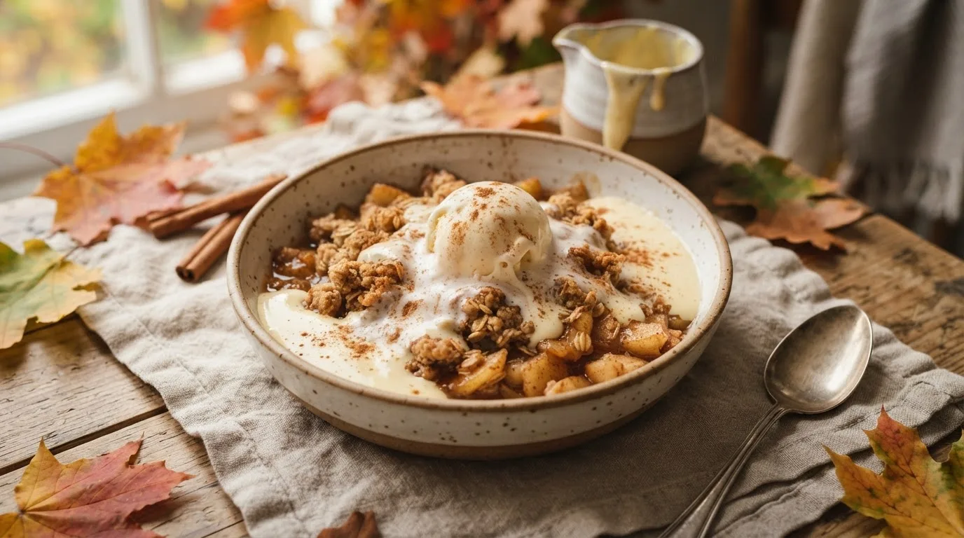 Een kom warme vegan appelcrumble met vegan vanillevla eroverheen en een bol vegan vanille-ijs die erop smelt, bestoven met kaneel, op linnen met herfstbladeren