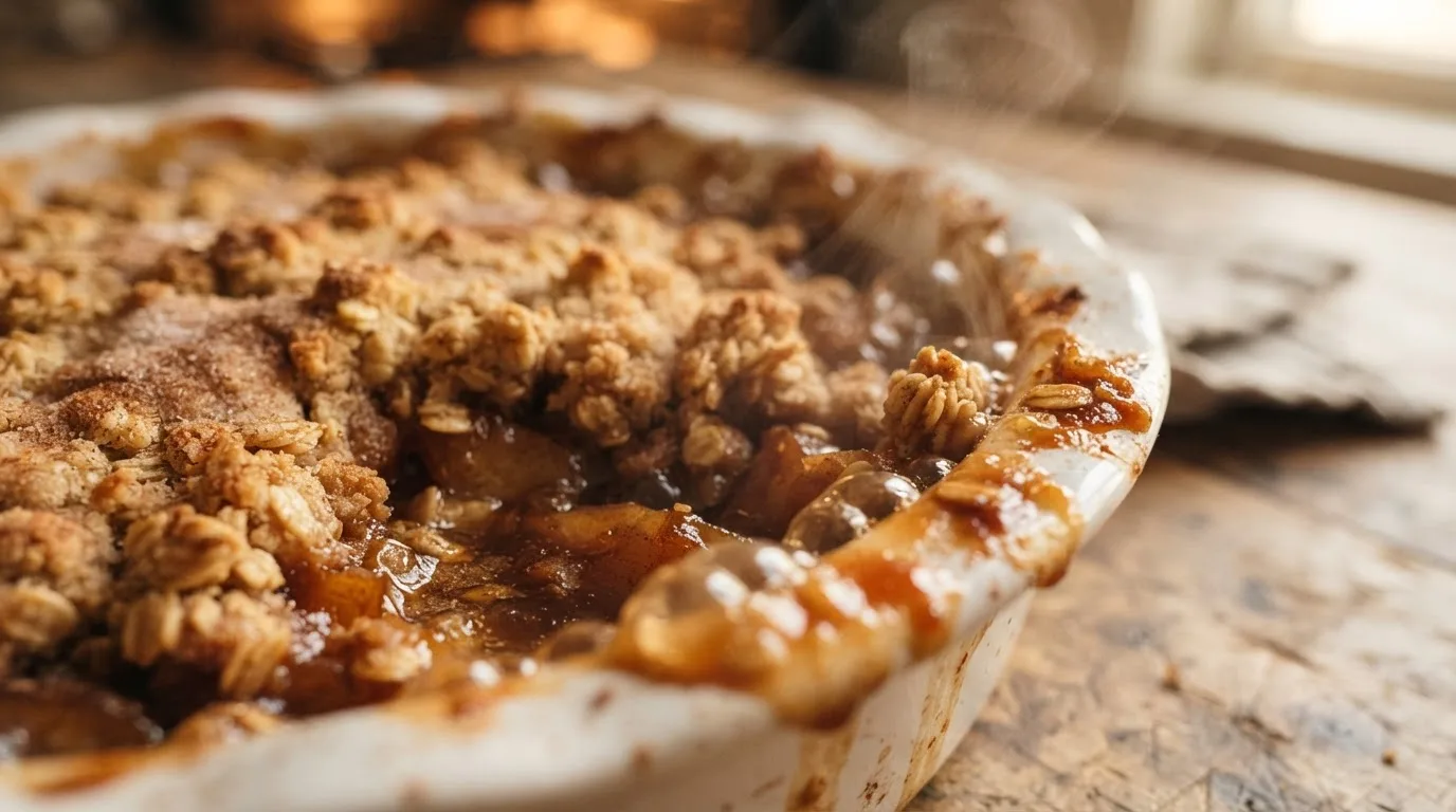 Close-up van de rand van een vers gebakken appelcrumble in een witte keramische schaal, met dik appelsap dat aan de rand opborrelt, gelijkmatig goudbruine knapperige crumbleclusters en opstijgende stoom