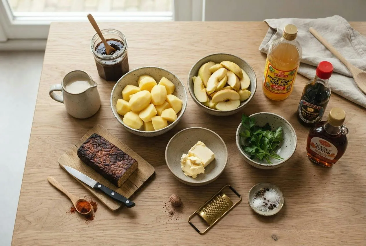 Ingrediënten voor vegan hete bliksem in schaaltjes op een houten ondergrond