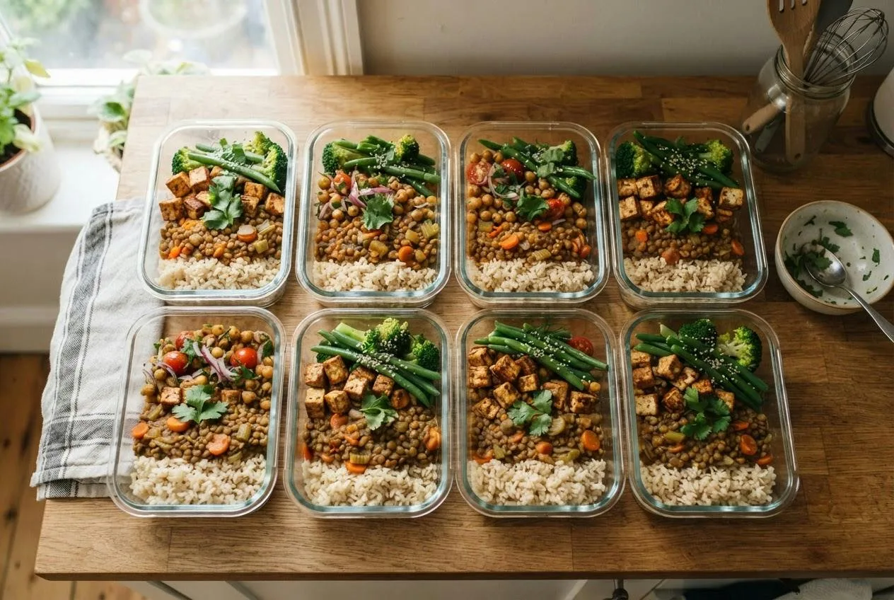 Meal prep bakjes met linzen, tofu, kikkererwten, rijst en groenten op het aanrecht