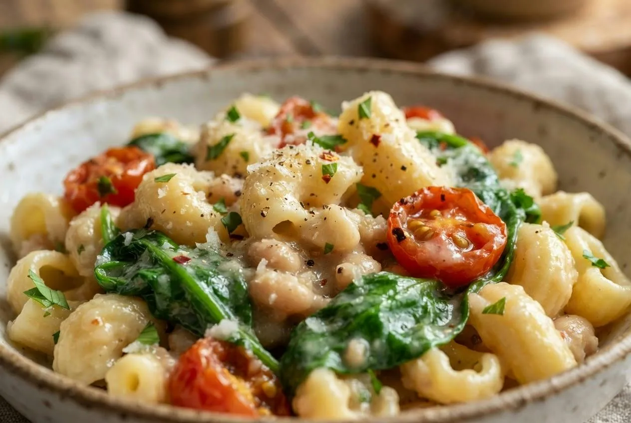 Close-up van pasta bedekt met glanzende witte bonensaus, spinazie en tomaatjes