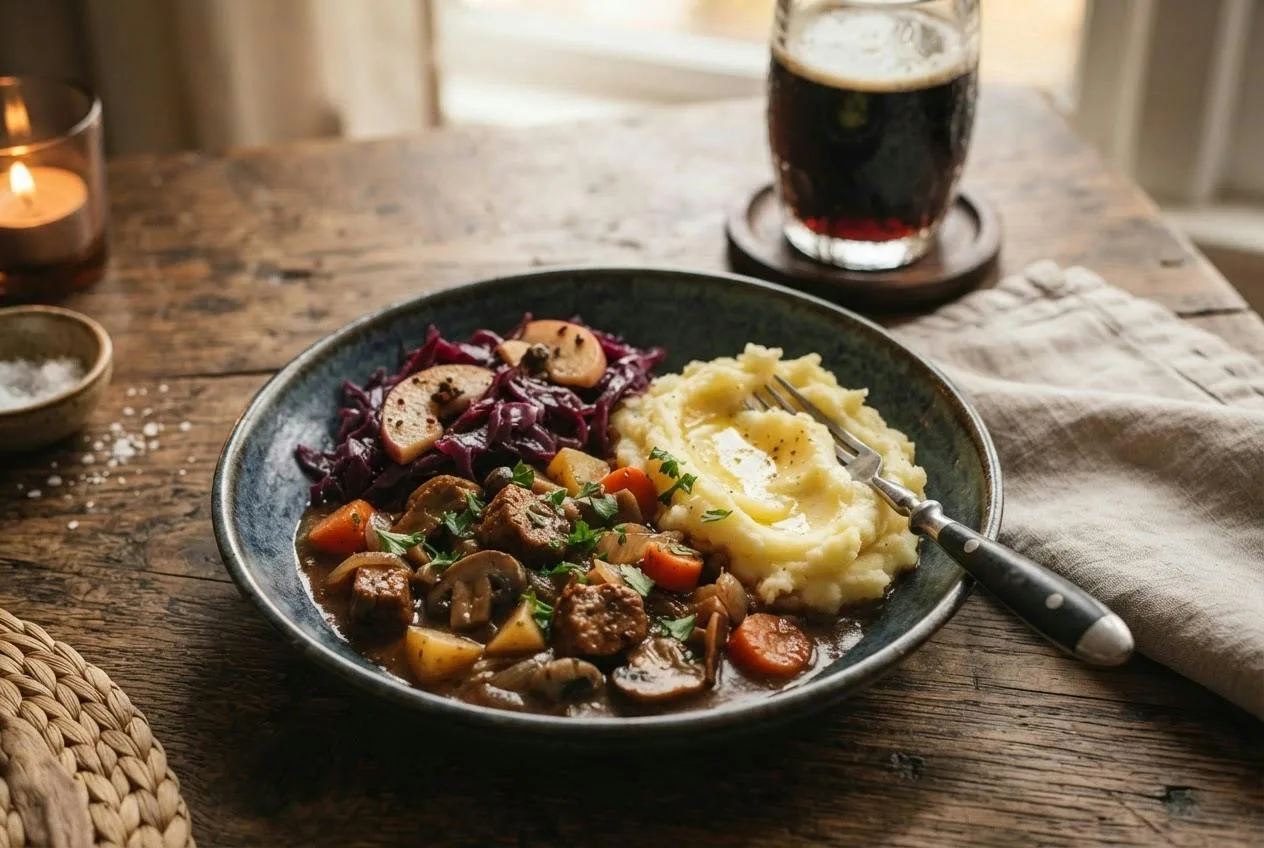 Vegan stoofpot geserveerd op een bord met aardappelpuree en rode kool