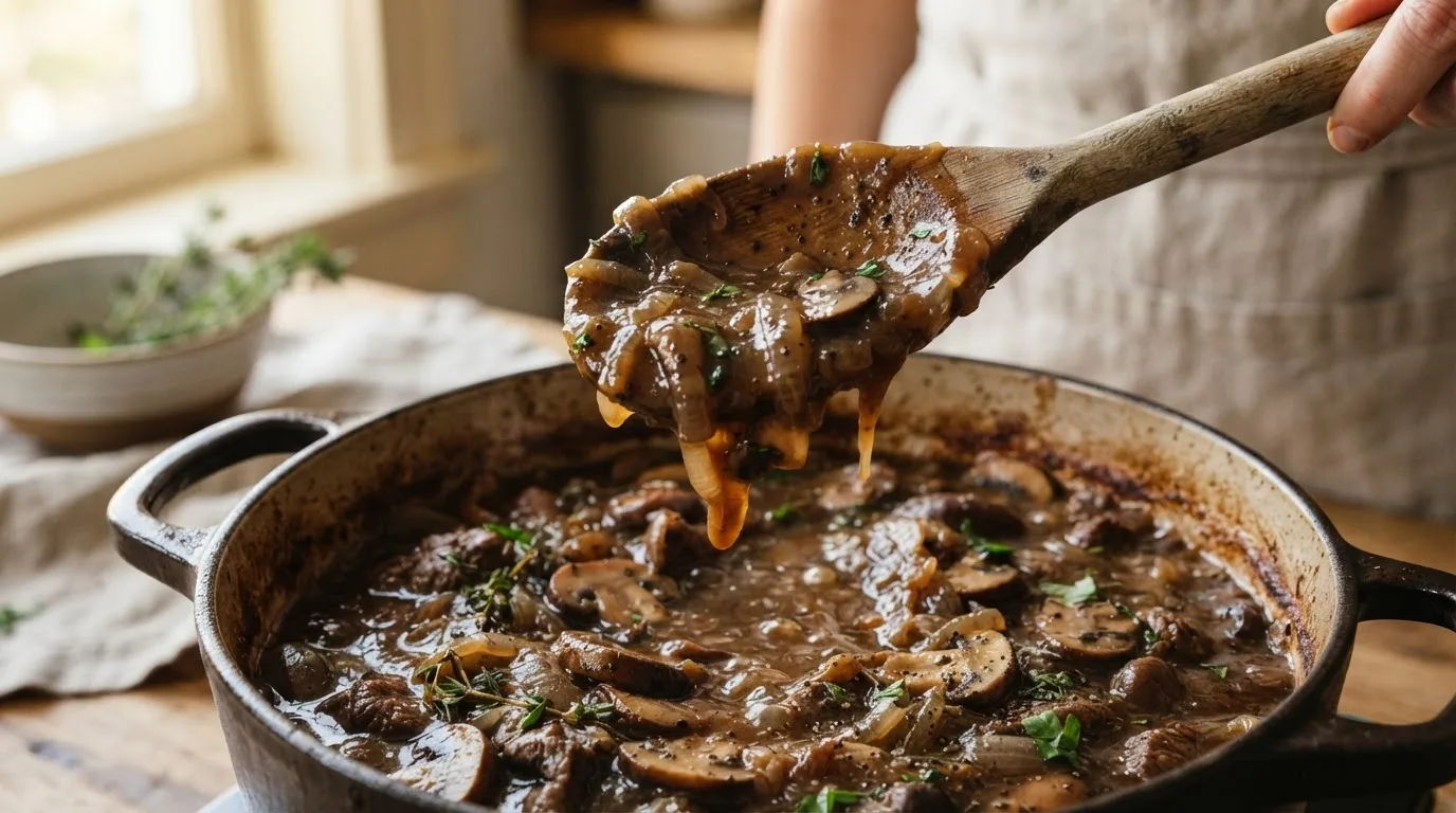 Dikke, glanzende bruine jus bedekt de achterkant van een houten lepel boven een pan met champignon-uienstoofpot
