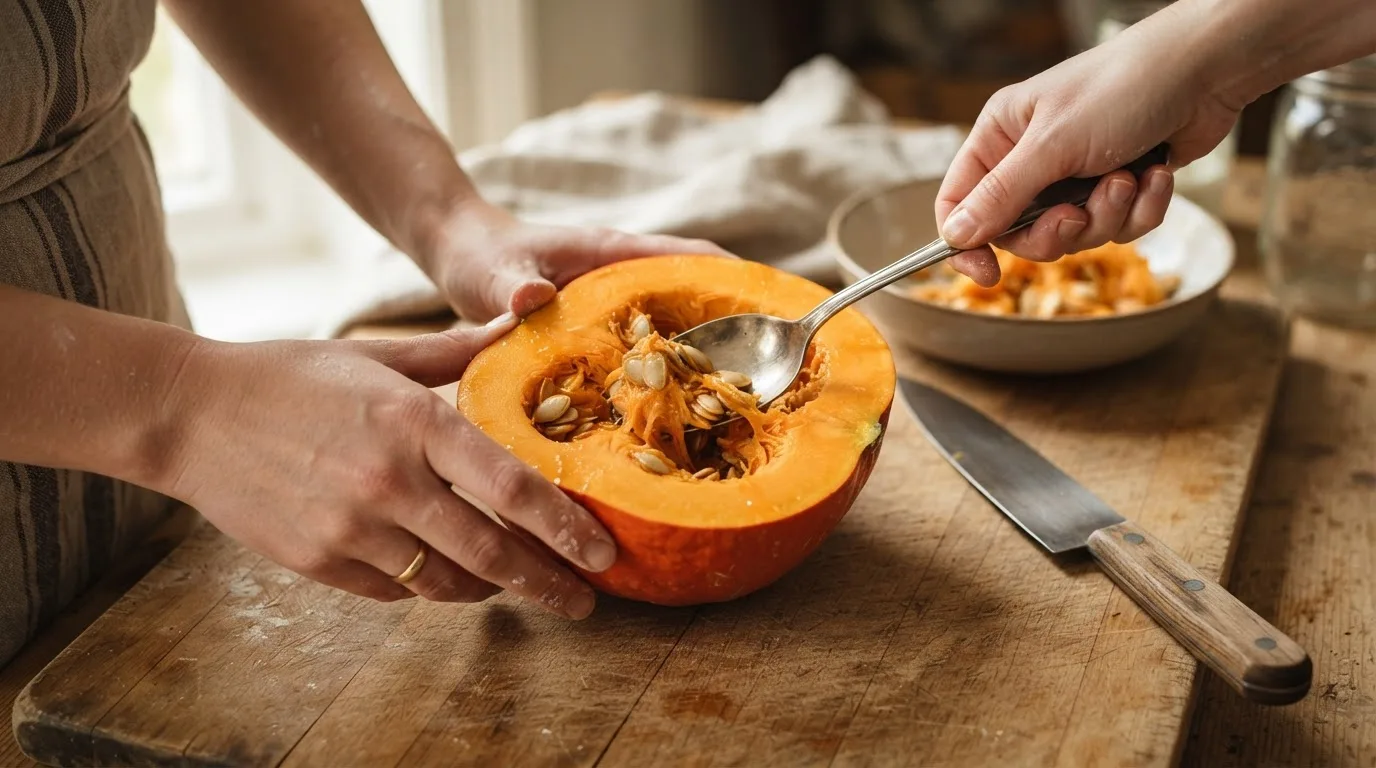Handen scheppen met een metalen lepel de pitten en draderige binnenkant uit een gehalveerde oranje Hokkaidopompoen op een houten snijplank, met een mes ernaast