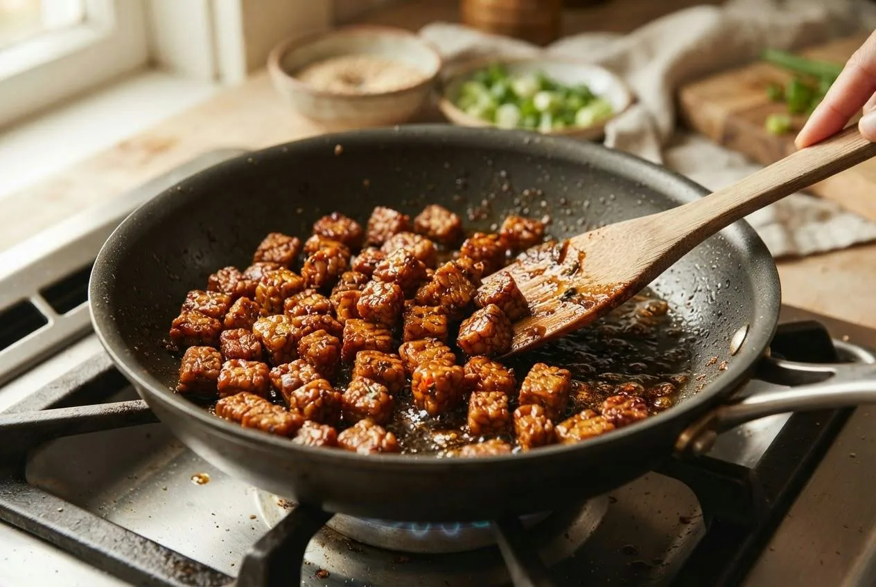 Blokjes gerookte tempeh worden krokant en diepbruin gebakken in een koekenpan