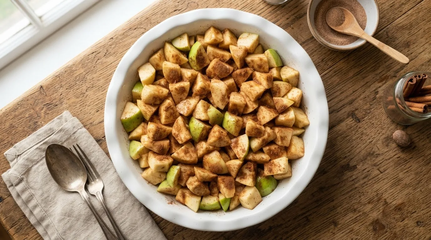 Gekruide appelstukjes in een gelijkmatige laag in een ronde witte keramische ovenschaal van 24 cm, bestoven met kaneel