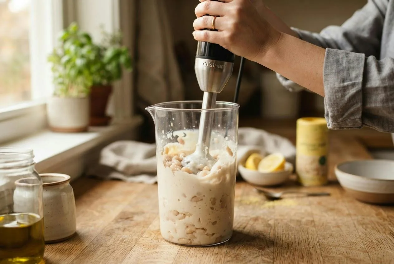 Staafmixer pureert witte bonen met bouillon tot een gladde saus