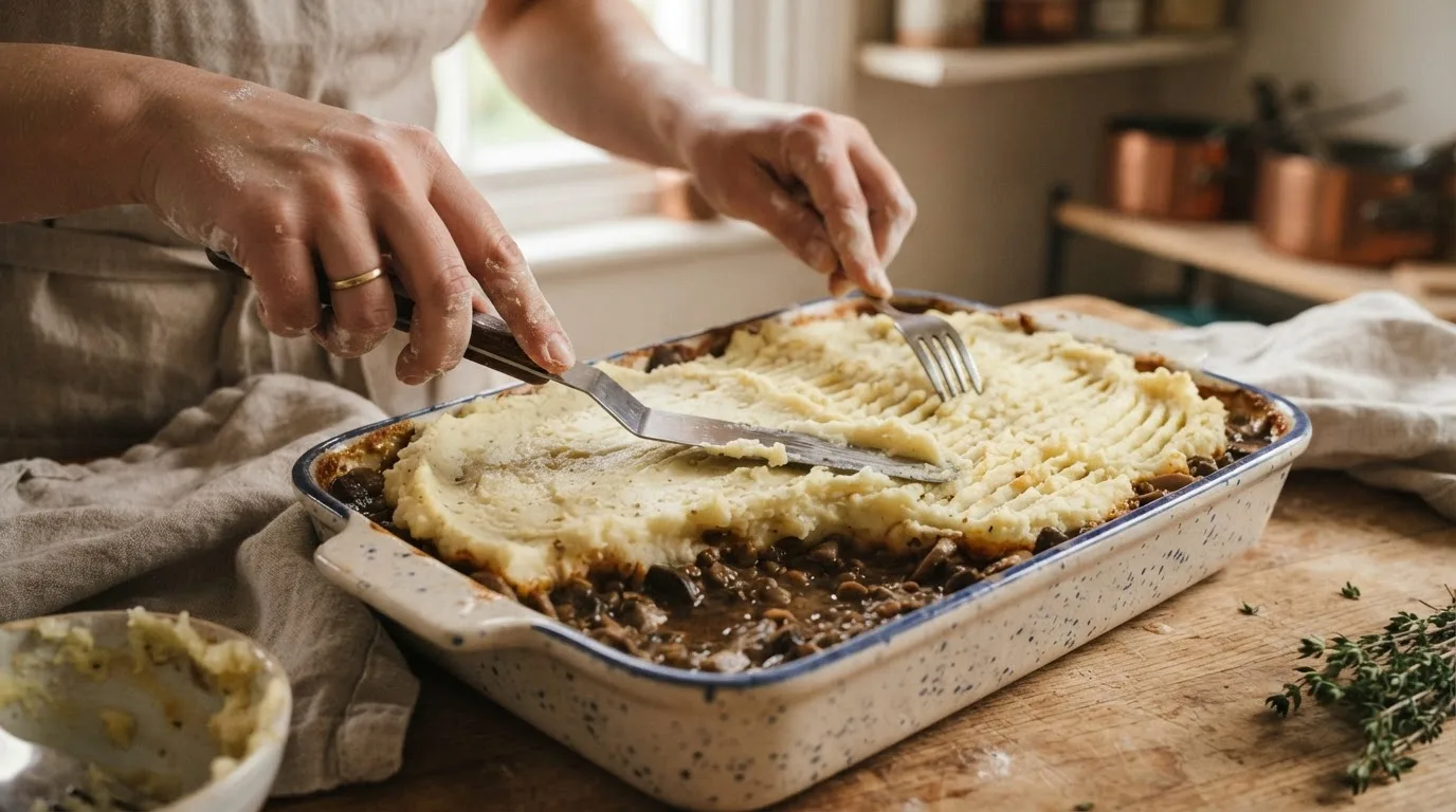 Handen strijken dikke aardappelpuree met een spatel uit over een donkere champignon-linzenvulling in een rechthoekige ovenschaal, met vorkribbels op de bovenkant