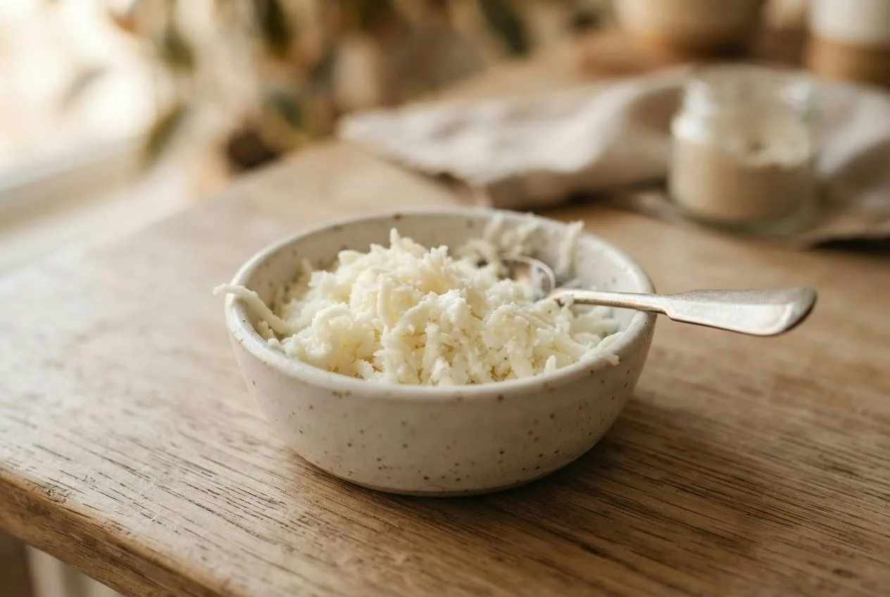 Witte geraspte vegan mozzarella in een schaaltje