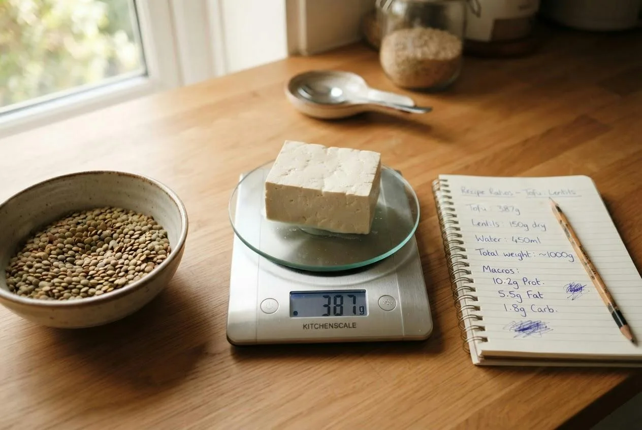 Keukenweegschaal met een blok tofu naast een notitieboekje met berekeningen