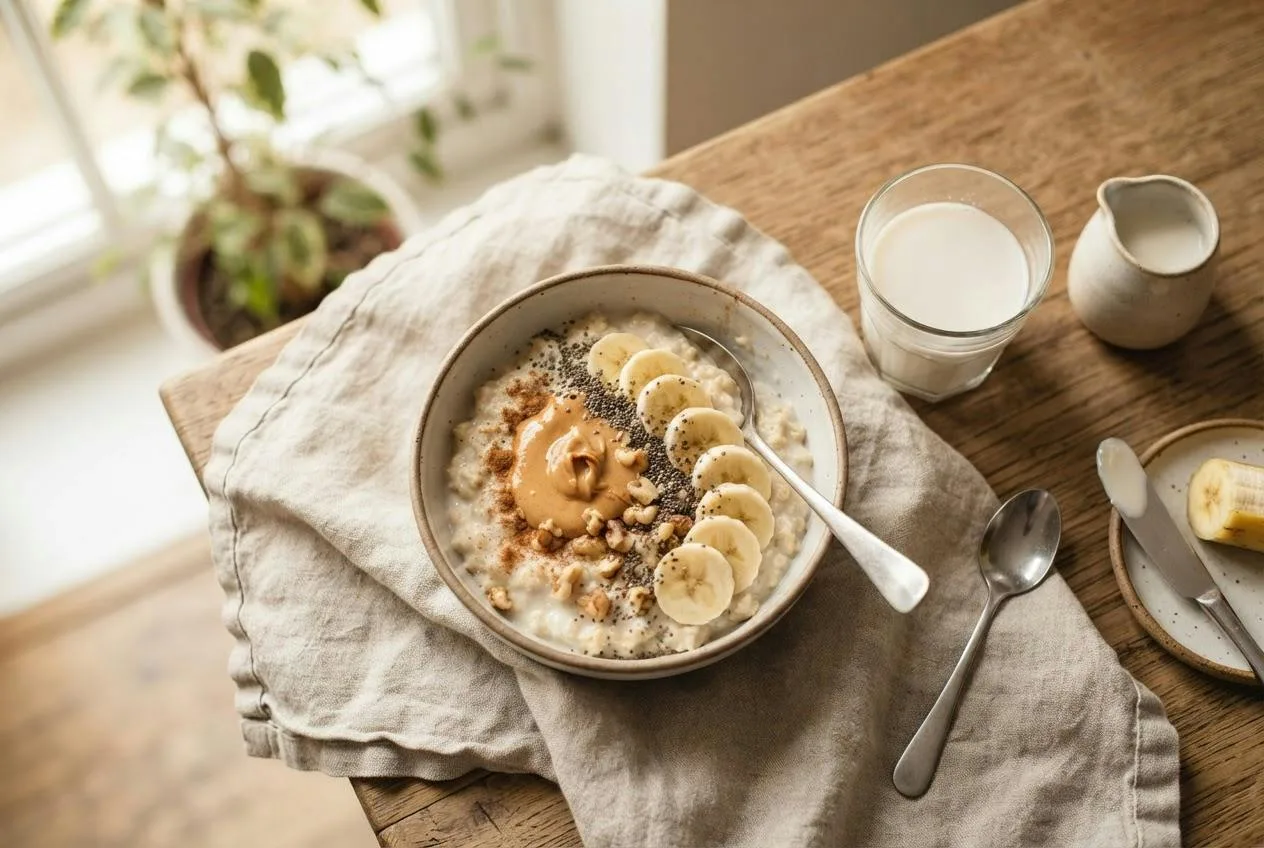 Kom havermout met sojamelk, pindakaas en banaan