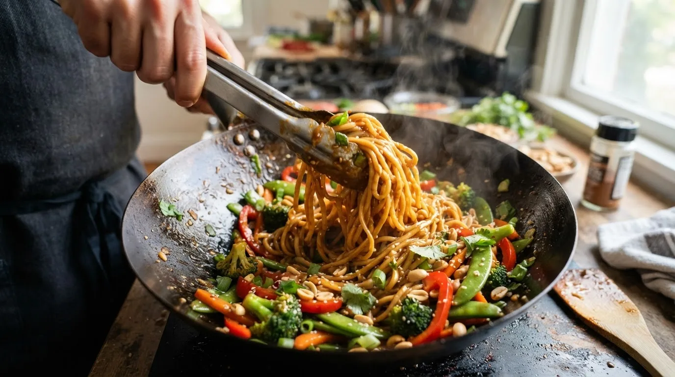 Vers gekookte noedels worden met een tang door glanzende pindasaus en geroerbakte groenten gehusseld in een wok, elke noedel gelijkmatig bedekt