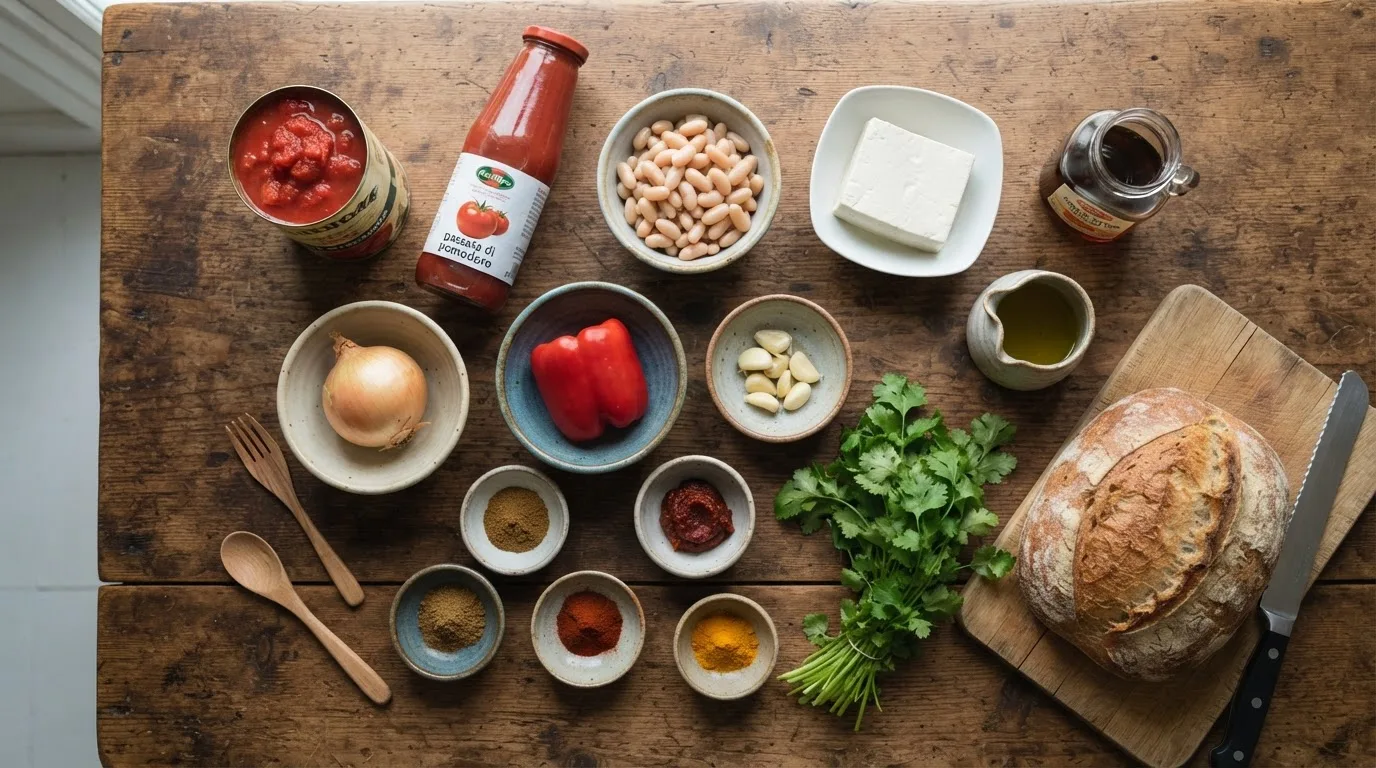 Ingrediënten voor vegan shakshuka in keramische schaaltjes op een houten tafel: tomatenstukjes, passata, witte bonen, zijden tofu, ui, rode paprika, knoflook, komijn, gerookt paprikapoeder, kurkuma, harissa, olijfolie, ahornsiroop, koriander en brood