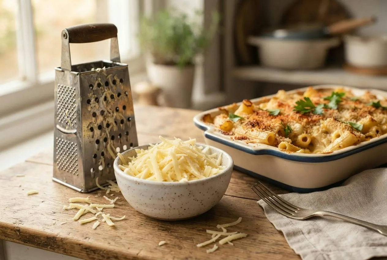 Lichtgele geraspte vegan kaas naast een rasp en een ovenschaal met pasta