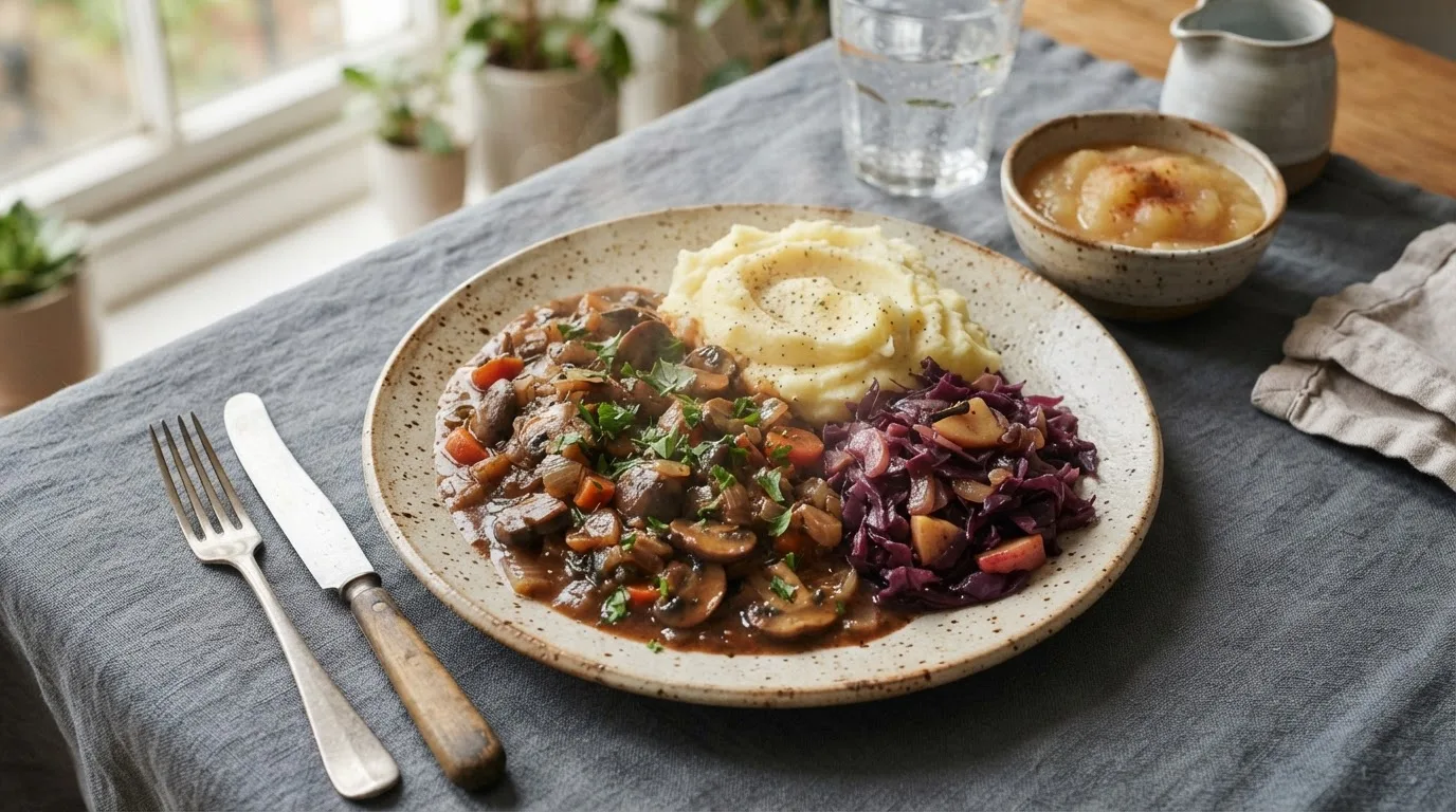 Bord met veganistische champignonhachee, romige aardappelpuree, gestoofde rode kool en een schaaltje appelmoes op linnen, warm natuurlijk licht