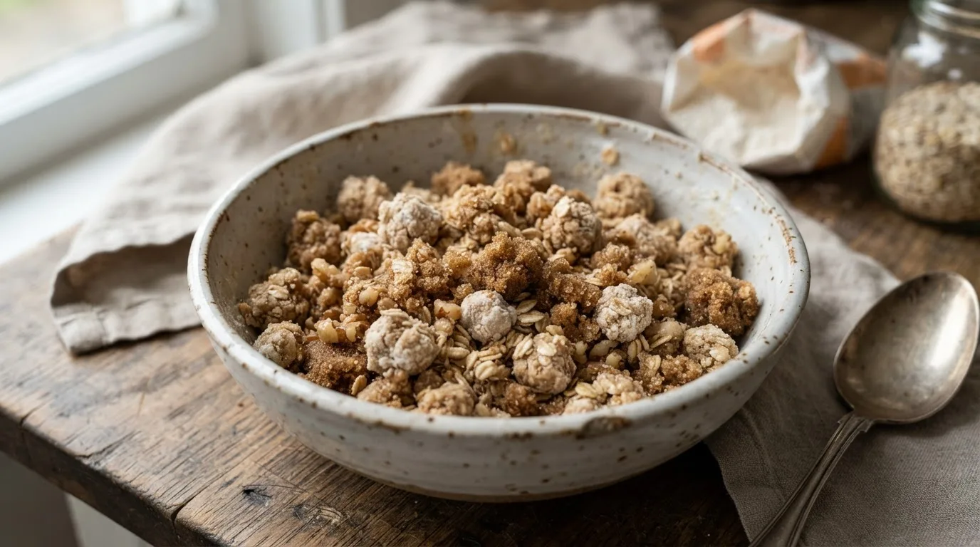 Close-up van het rauwe crumblemengsel met klontjes ter grootte van een erwt van havermout, bloem, walnoten en bruine suiker, bij elkaar gehouden door plantaardige boter