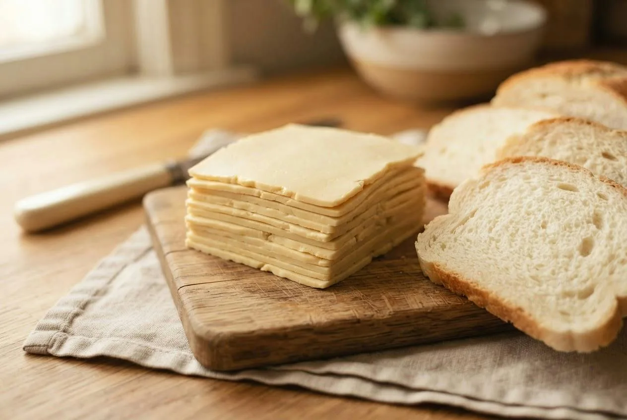 Stapeltje vegan kaasplakken naast sneetjes wit brood