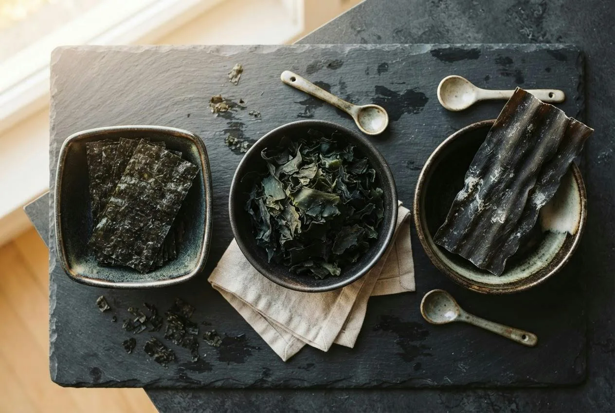Nori, wakame en kombu in kleine schaaltjes