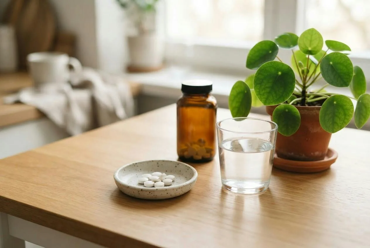 Enkele witte tabletjes in een schaaltje naast een glas water