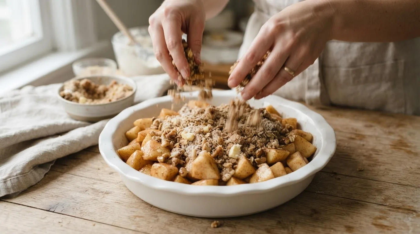 Handen strooien het gekoelde havermout-walnotencrumblemengsel gelijkmatig over de appelstukjes in een ronde witte keramische ovenschaal, met appel nog zichtbaar aan de randen