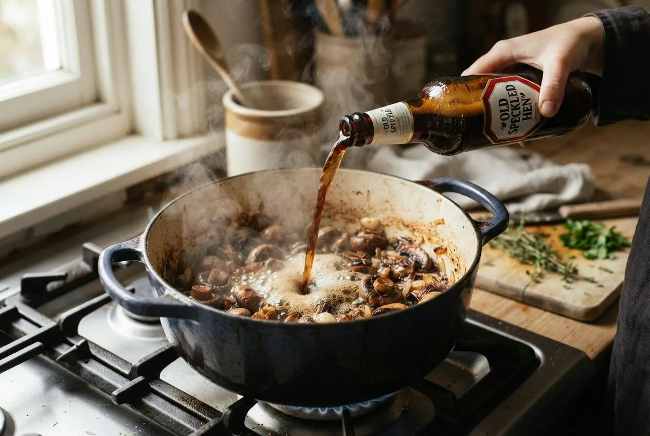Donker bier wordt in de braadpan gegoten om de aanbaksels los te maken