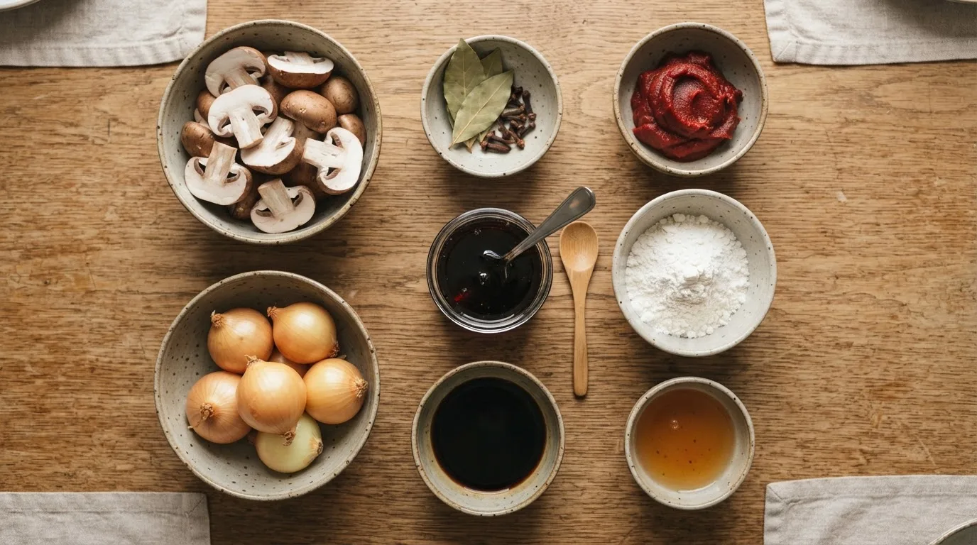 Ingrediënten voor veganistische hachee in kleine keramische schaaltjes op een houten tafel: kastanjechampignons, uien, laurier, kruidnagel, appelstroop, sojasaus, tomatenpuree, bloem en appelazijn