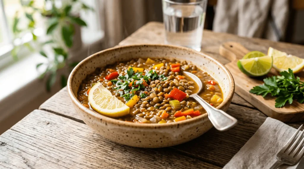 linzensoep met citroensap, spinaziesalade met paprika, tofu wokgerecht met broccoli