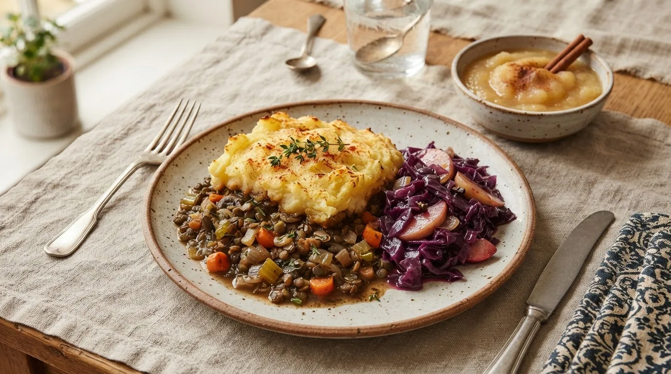 Een portie vegan jachtschotel met goudbruine aardappellaag over donkere champignon-linzenstoofpot, geserveerd met rode kool met appel en een schaaltje appelmoes op een rustiek bord