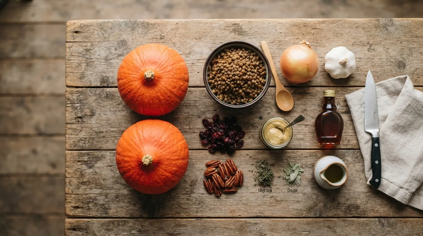 Ingrediënten voor gevulde pompoen op een houten tafel: twee kleine oranje Hokkaidopompoenen, gekookte bruine linzen, ui, knoflook, gedroogde cranberry's, pecannoten, dijonmosterd, ahornsiroop, gedroogde tijm en salie en olijfolie