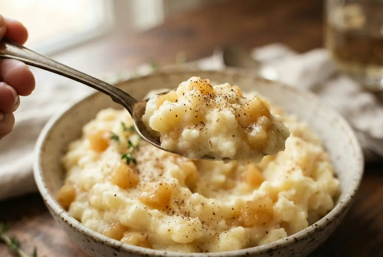 Close-up van luchtige aardappel-appelstamppot met zichtbare stukjes appel