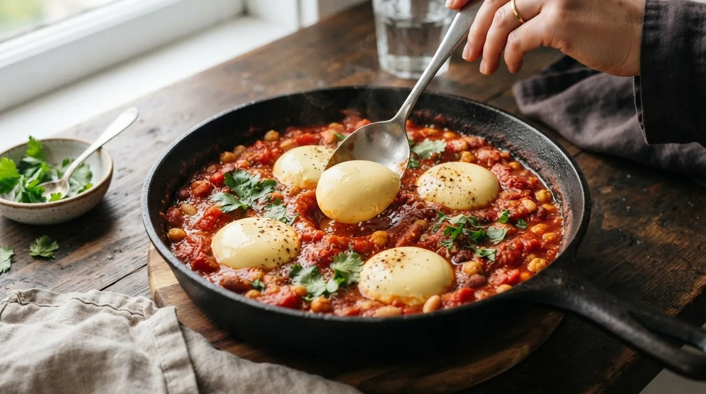 Een lepel legt ronde porties lichtgele zijden tofu in kuiltjes in een dikke rode tomaten-bonensaus in een gietijzeren pan, vier liggen er al