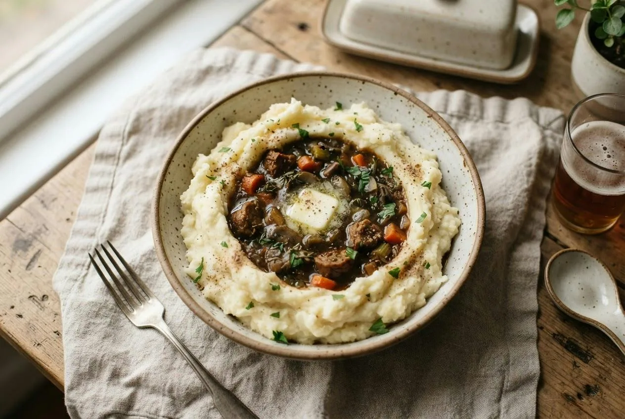 Aardappelpuree met een kuiltje gevuld met vegan stoofpot