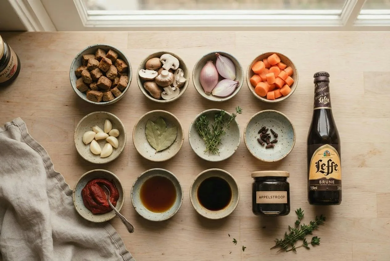 Ingrediënten voor vegan stoofpot met bokbier in kleine schaaltjes op een houten ondergrond