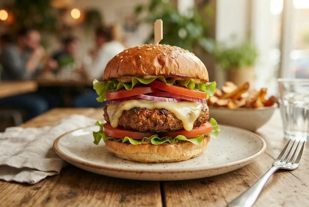 Vegan burger met een gesmolten plak plantaardige kaas