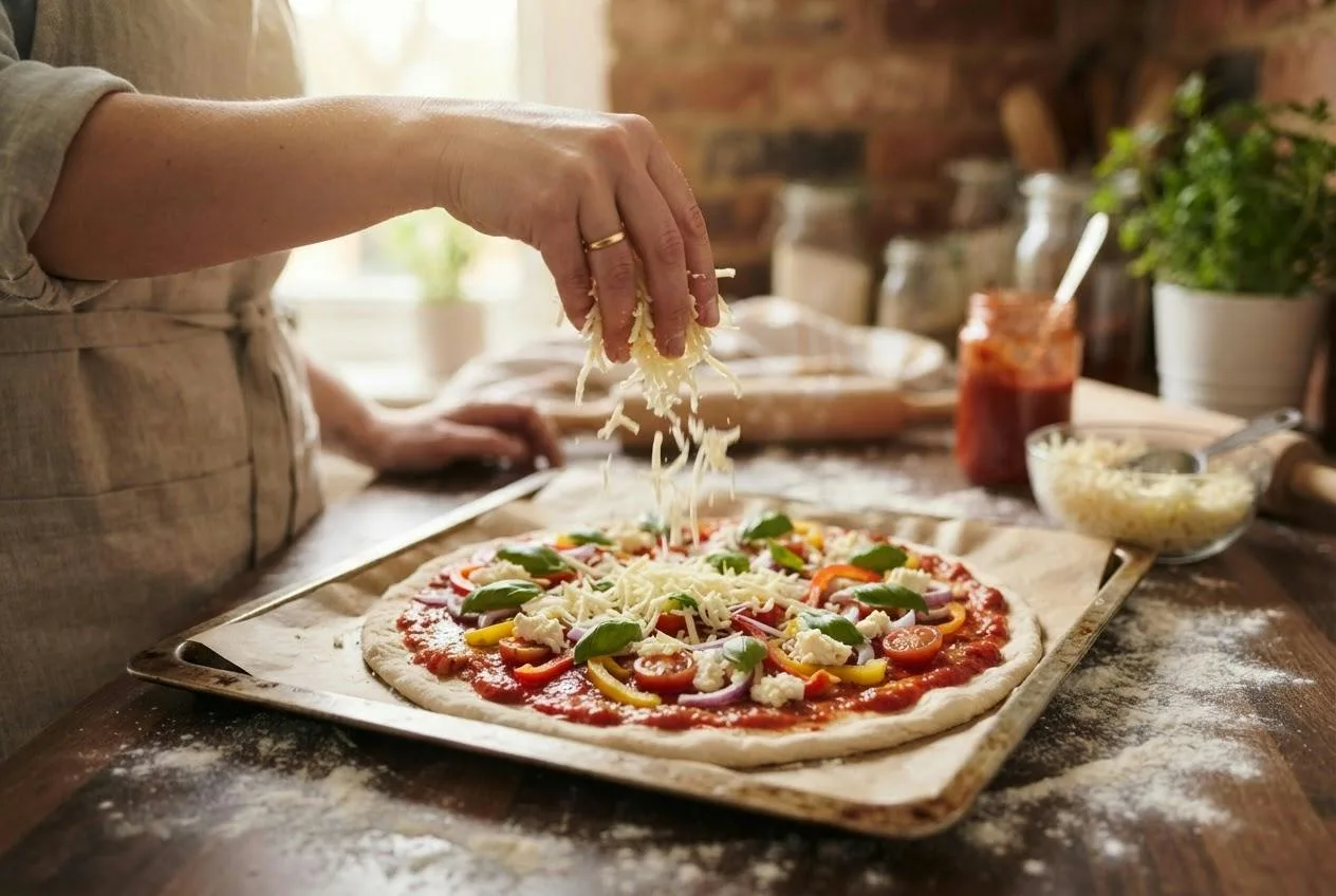 Geraspte plantaardige kaas wordt gelijkmatig over een pizza gestrooid