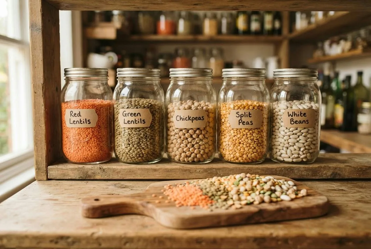 Glazen potten met linzen, kikkererwten, spliterwten en witte bonen op een plank