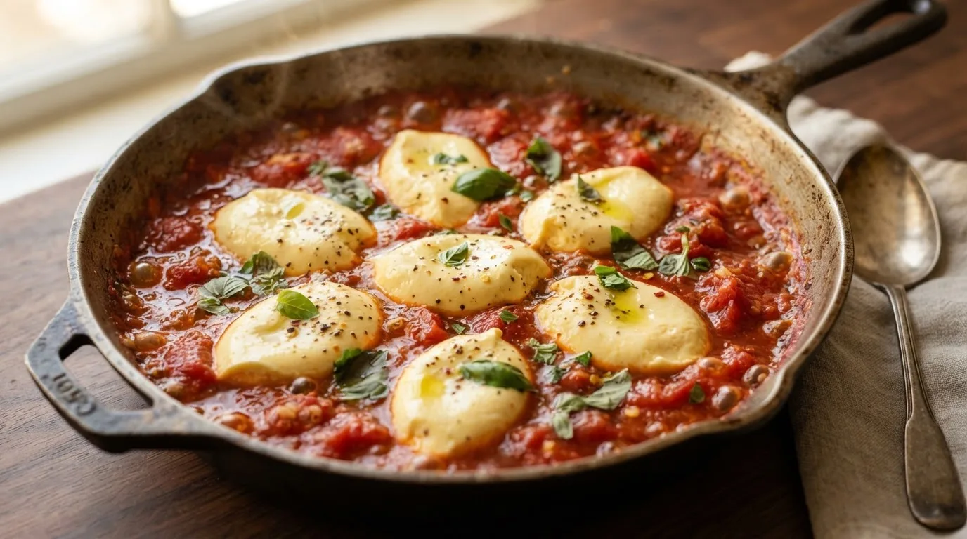 Close-up van verwarmde lepels zijden tofu die netjes bovenop een dikke, borrelende tomatensaus liggen in een gietijzeren pan, de lichtgele tofu houdt zijn vorm