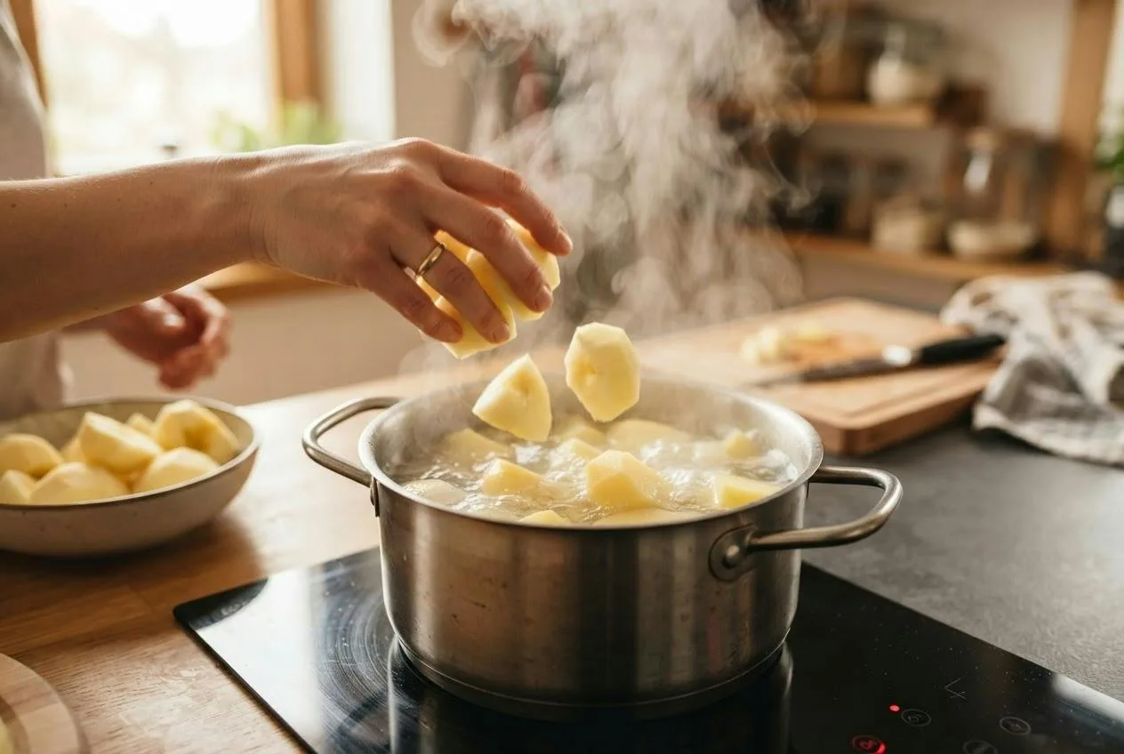 Stukjes appel worden toegevoegd aan een pan met kokende aardappels