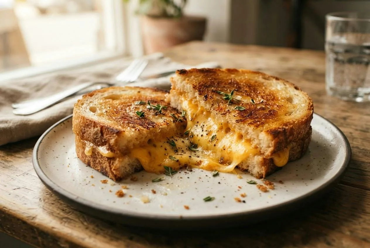 Vegan tosti doormidden gesneden met gesmolten kaas in het midden