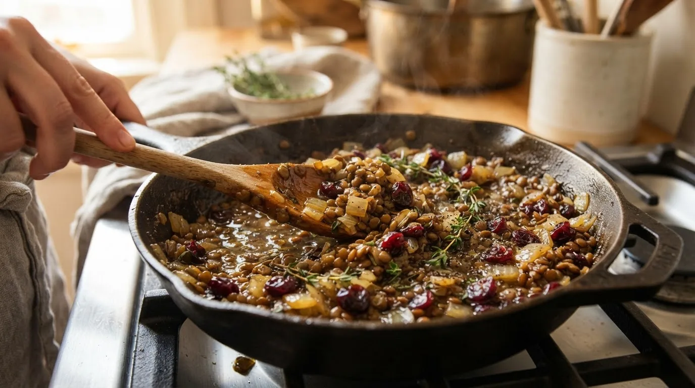 Bruine linzenvulling met zachte ui, gedroogde cranberry's en tijm in een koekenpan, vochtig en glanzend, met een houten lepel