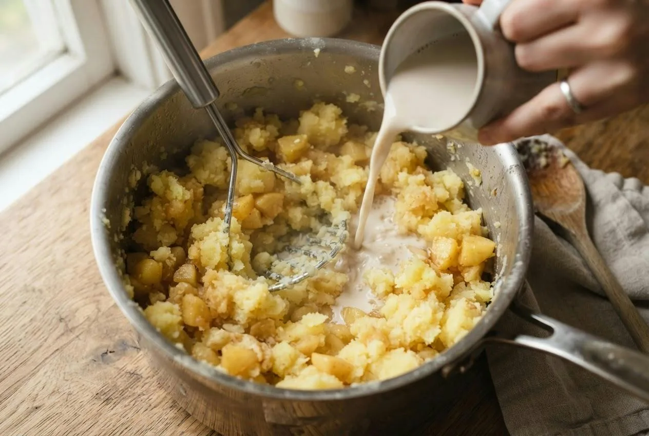 Aardappels en appels worden grof gestampt met een pureestamper terwijl er havermelk bij gaat