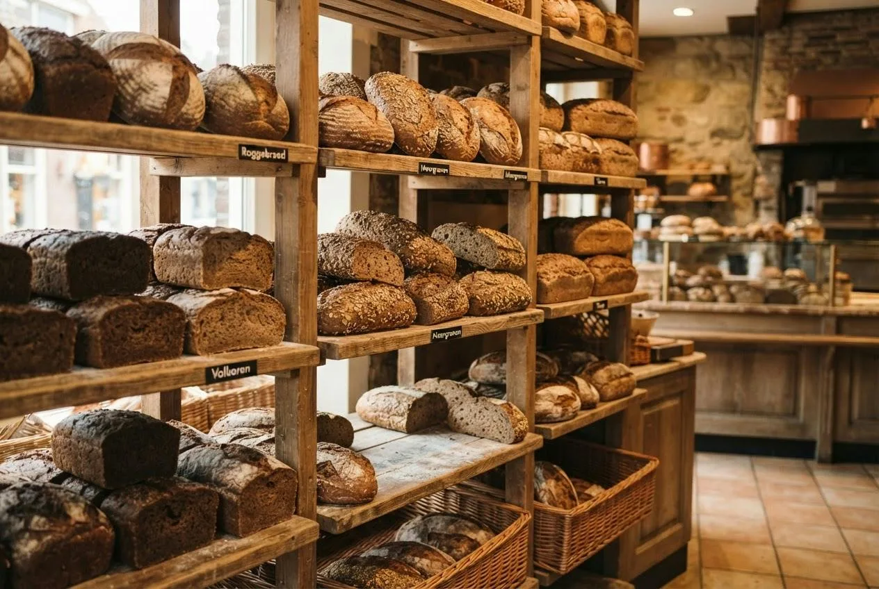 Bakkerijvitrine met volkoren-, meergranen- en roggebrood