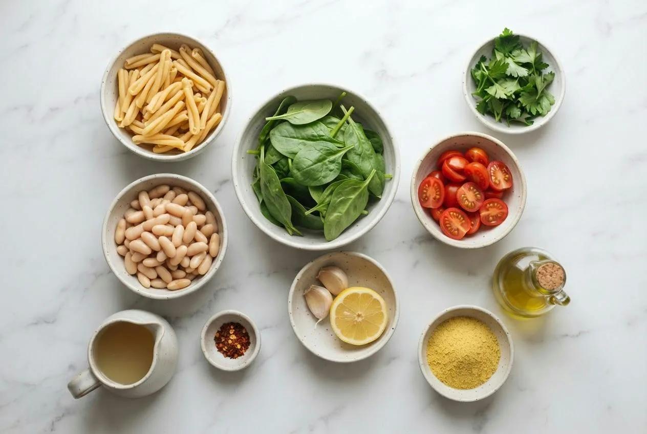 Ingrediënten voor romige witte bonenpasta in kleine schaaltjes op marmer