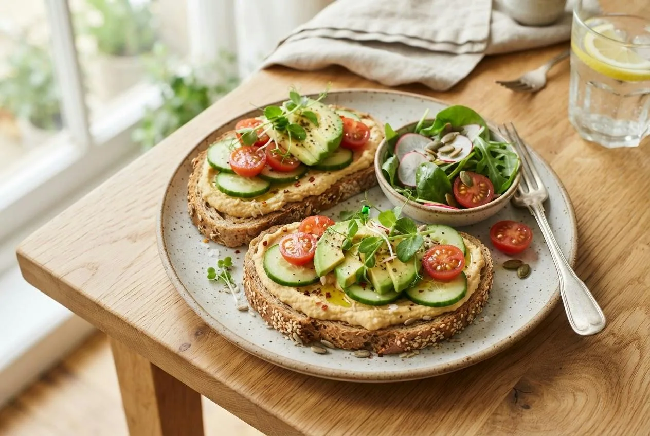 Vegan lunch met volkorenboterhammen met hummus, komkommer, tomaat en avocado