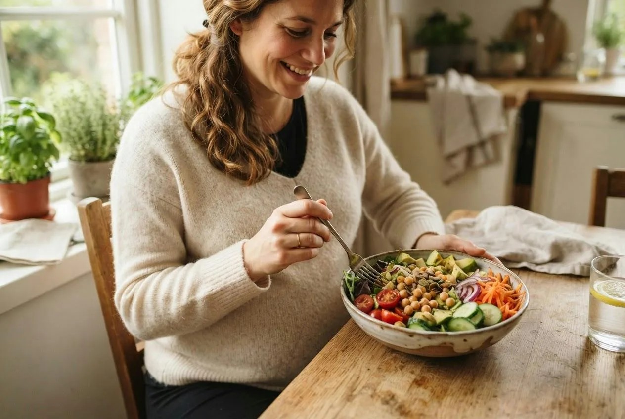 Zwangere vrouw aan tafel met een kom salade met kikkererwten