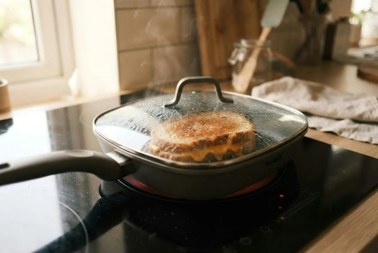 Tosti in een koekenpan onder een glazen deksel
