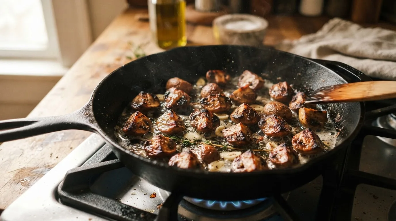 Kastanjechampignons in vieren worden in één laag bruin gebakken in een hete gietijzeren pan, met een diepe goudbruine korst